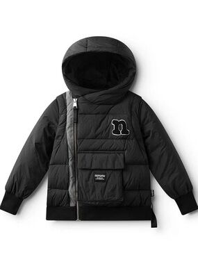 nununu Black Hooded Puffer Jacket with 'n' Patch with removable arms. 2-3 year